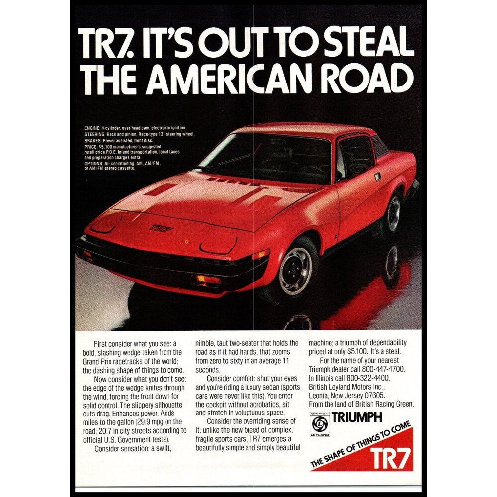 1975 Triumph TR7 TR-7 Coupe Vintage Print Ad Steal The American Road Wall Art